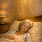 Older woman sleeping in bed with heavenly light