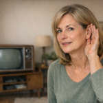 Woman listening with a 1970s-style TV in the background