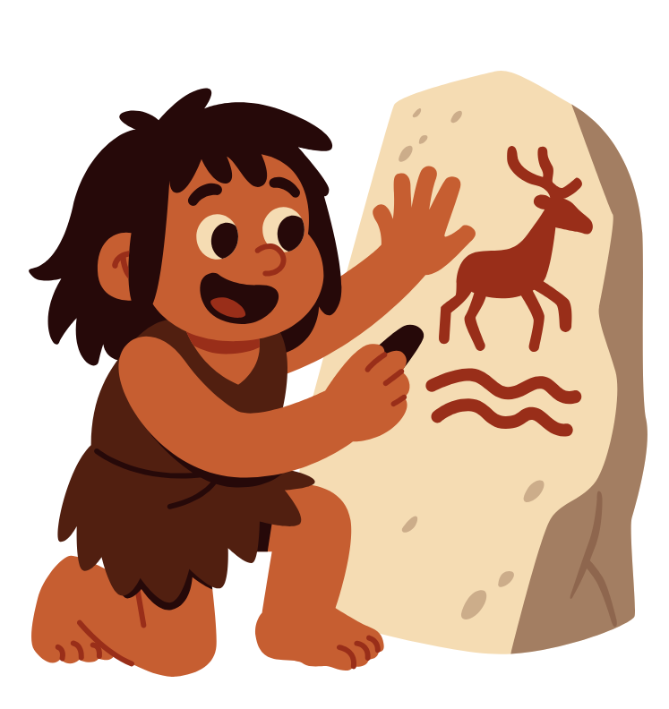 Caveman-type boy drawing on a rock
